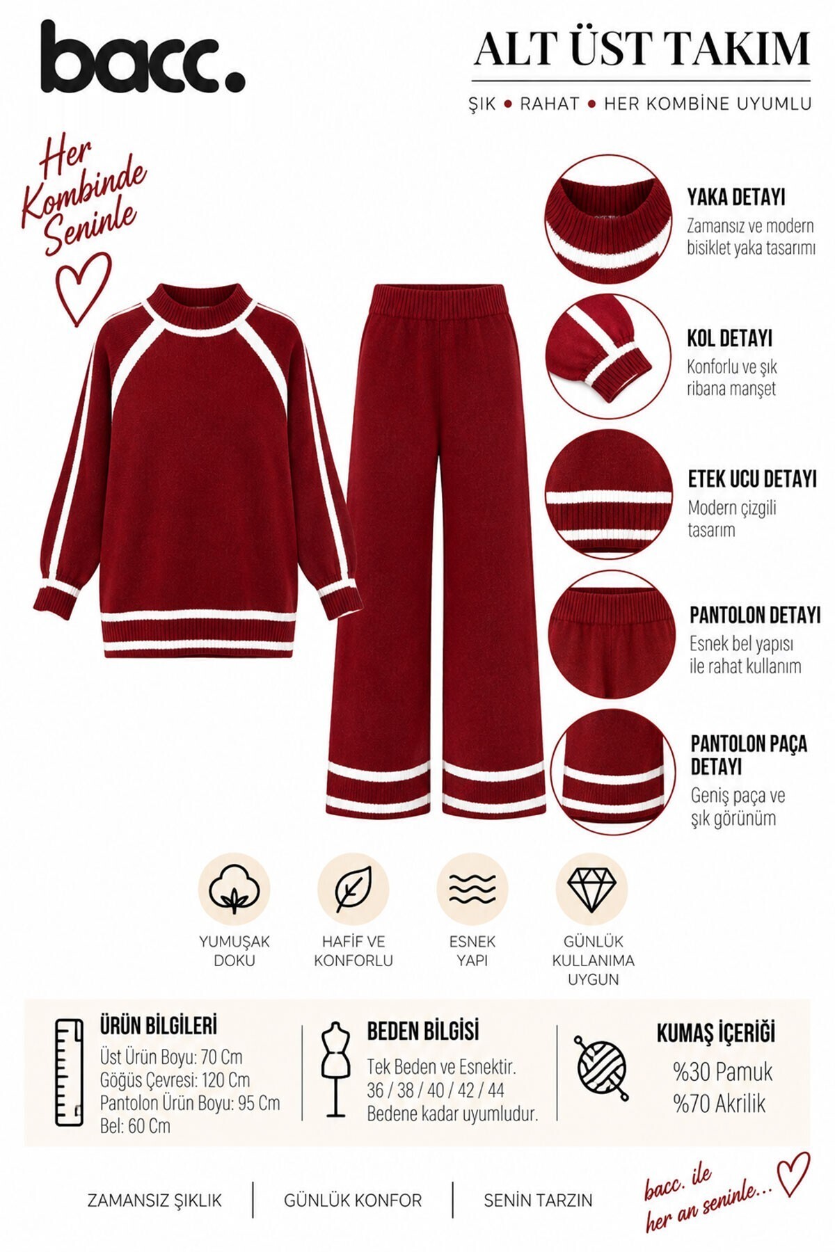 Bordo Çizgi Detaylı Bisiklet Yaka Tunik Ve Geniş Paça Triko Alt Üst Takım