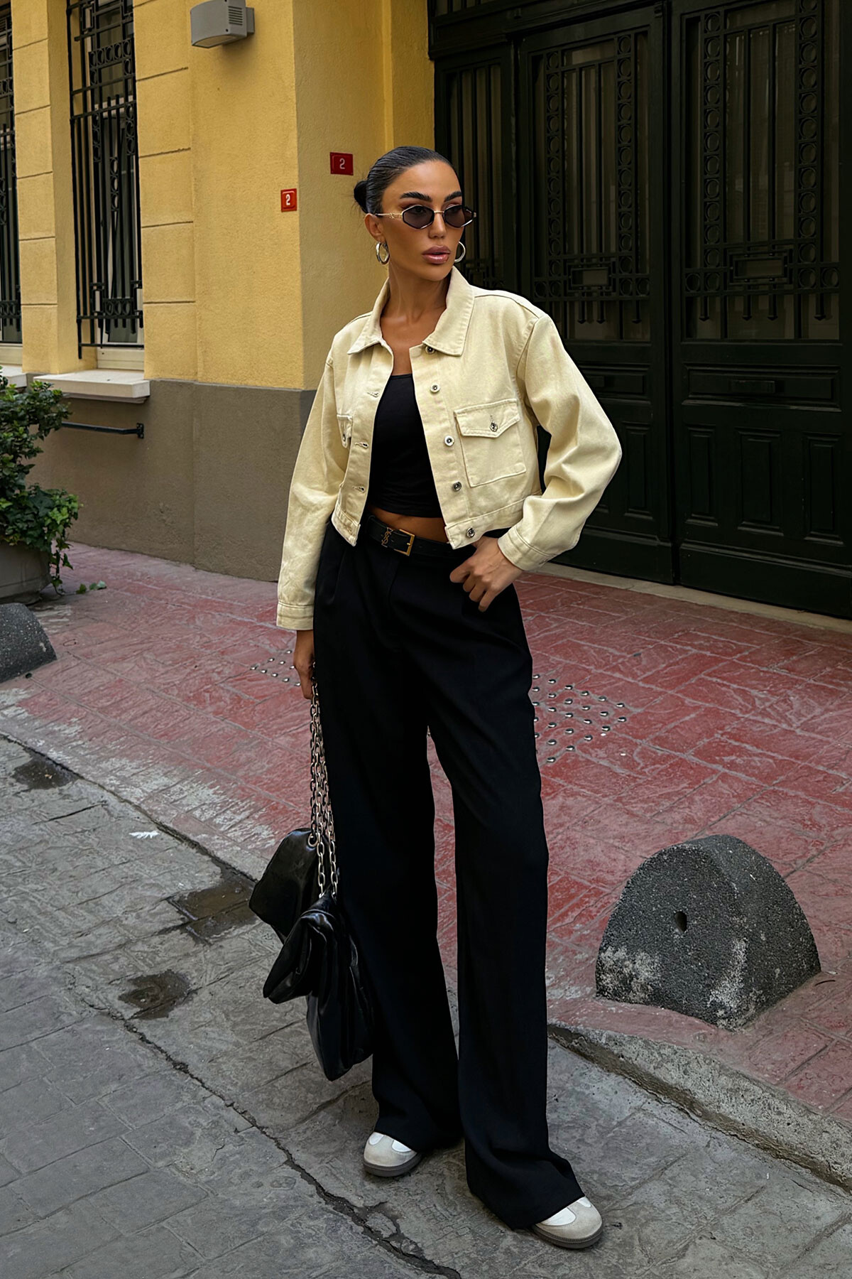 Bej Çift Cep Denim Crop Ceket
