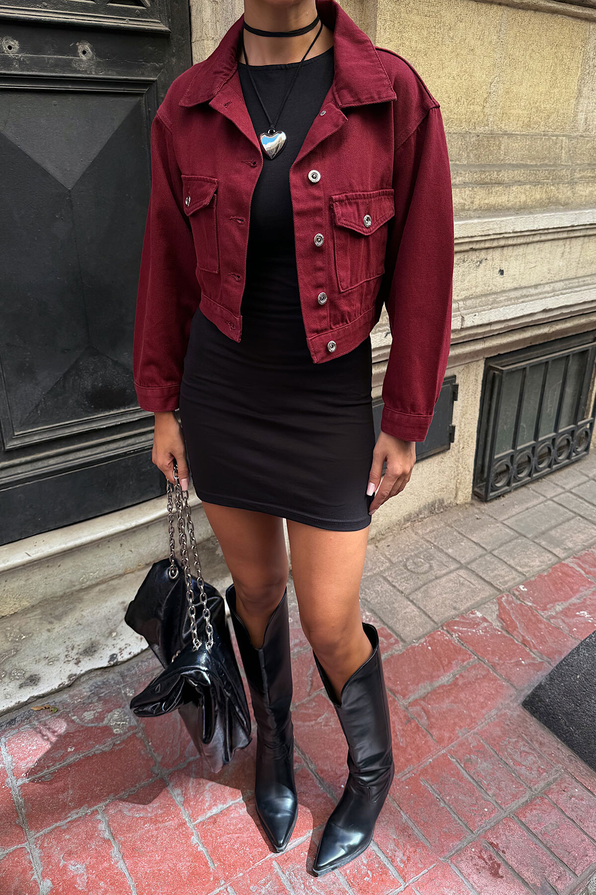 Bordo Çift Cep Denim Crop Ceket