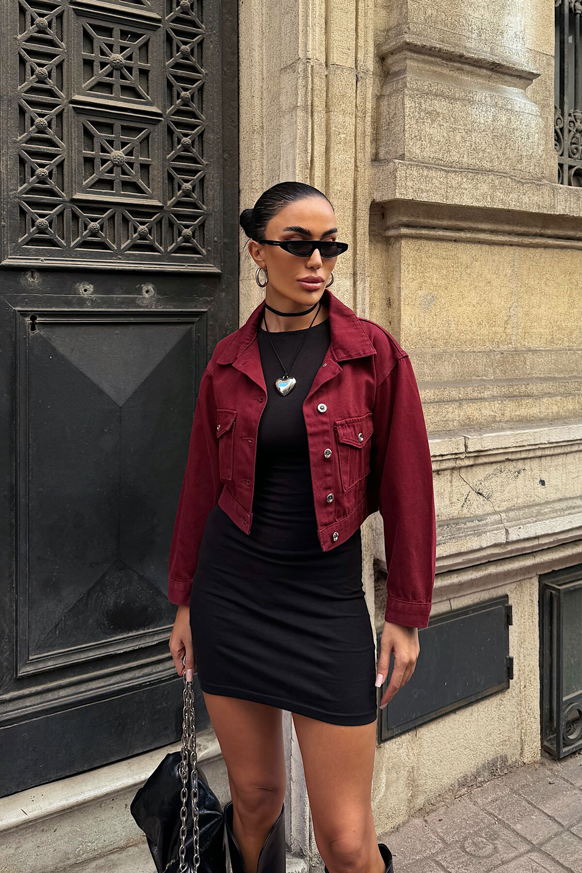 Bordo Çift Cep Denim Crop Ceket