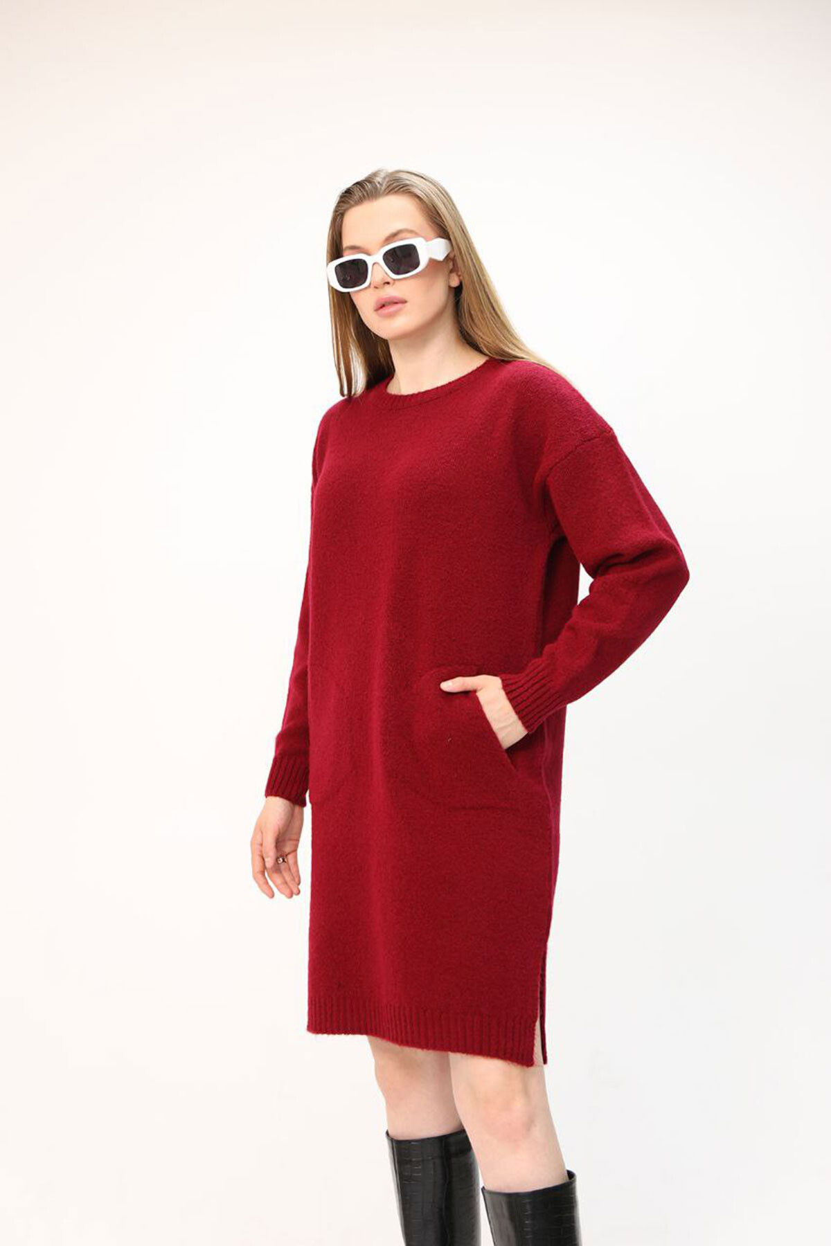 Bordo Çift Cepli Bisiklet Yaka Tunik Elbise