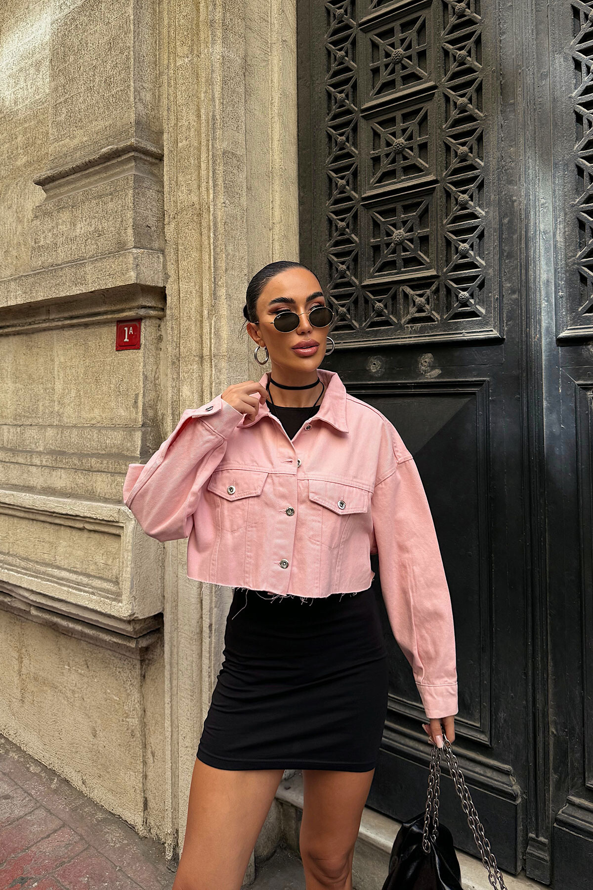 Pembe Çift Cepli Lazer Kesim Yıkamalı Crop Denim Ceket