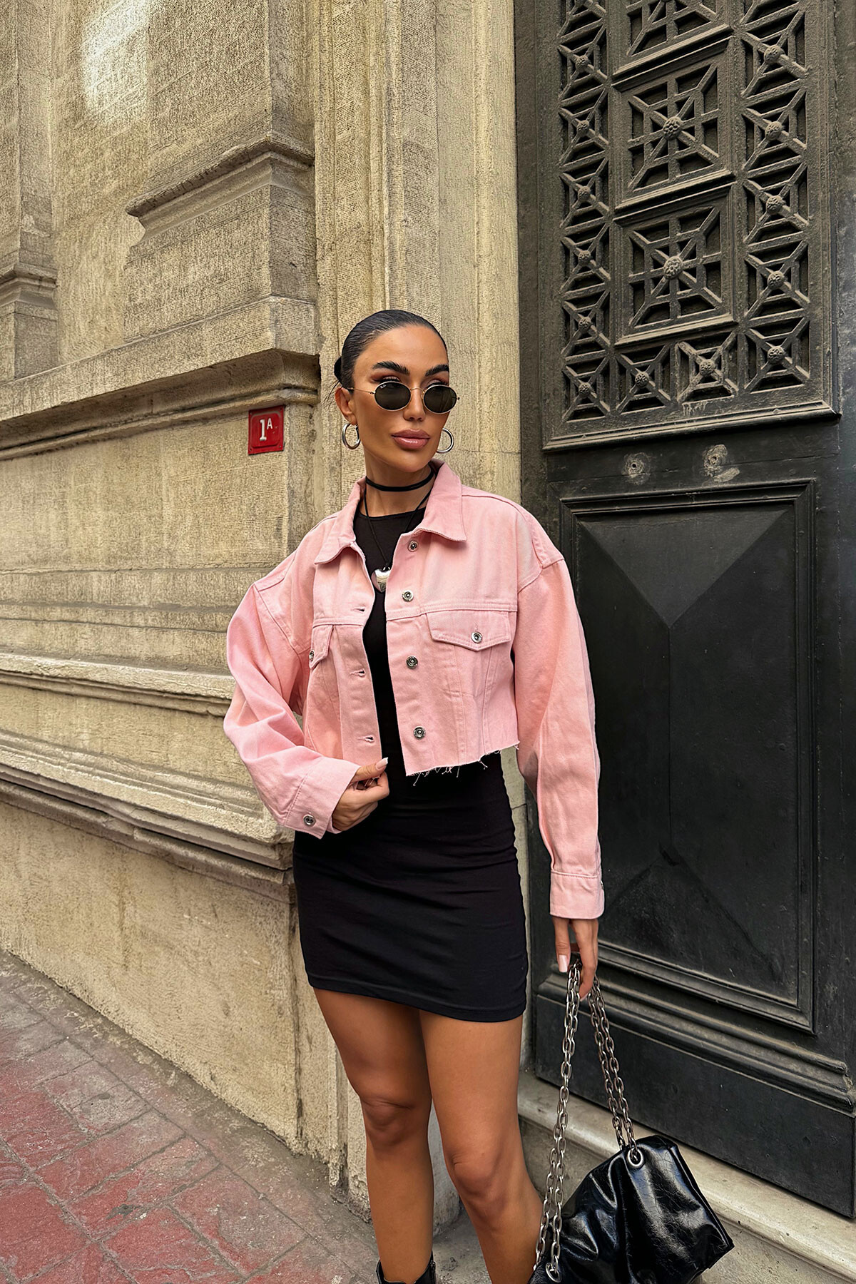 Pembe Çift Cepli Lazer Kesim Yıkamalı Crop Denim Ceket