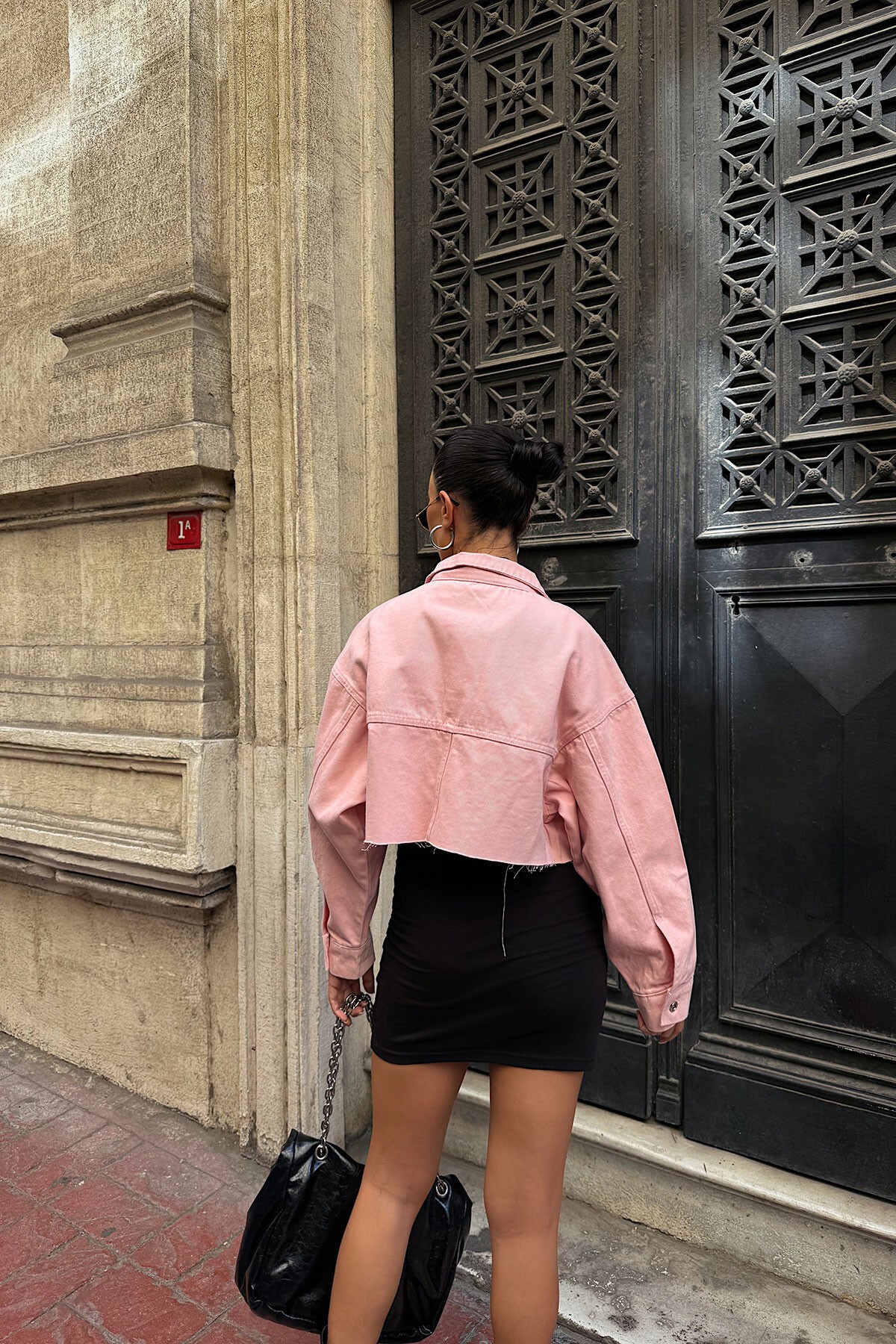 Pembe Çift Cepli Lazer Kesim Yıkamalı Crop Denim Ceket