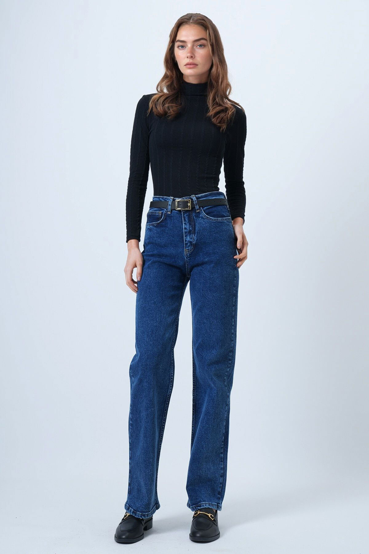 Mavi Yüksek Bel Düz Paça 5 Cepli Denim Pantolon