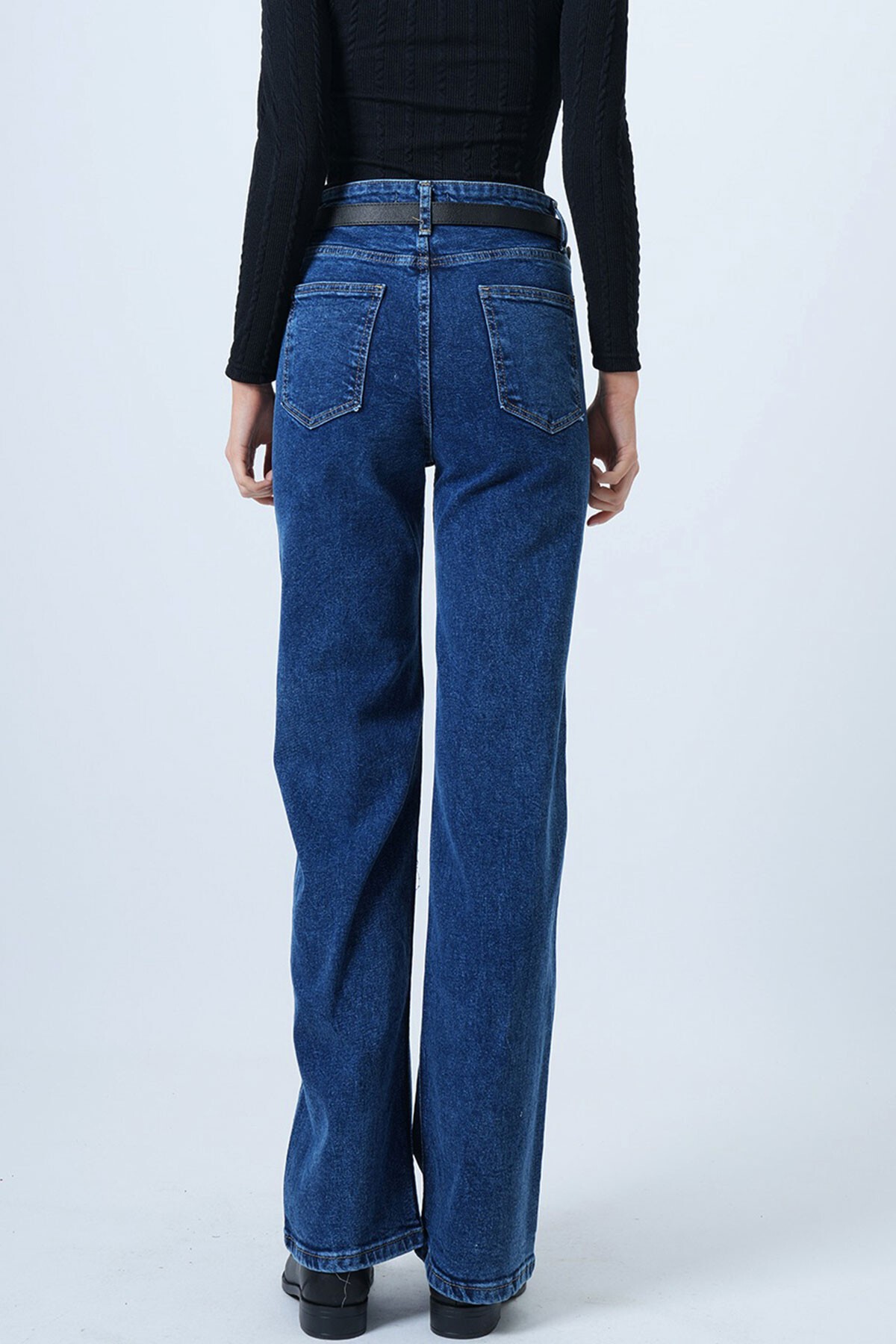 Mavi Yüksek Bel Düz Paça 5 Cepli Denim Pantolon