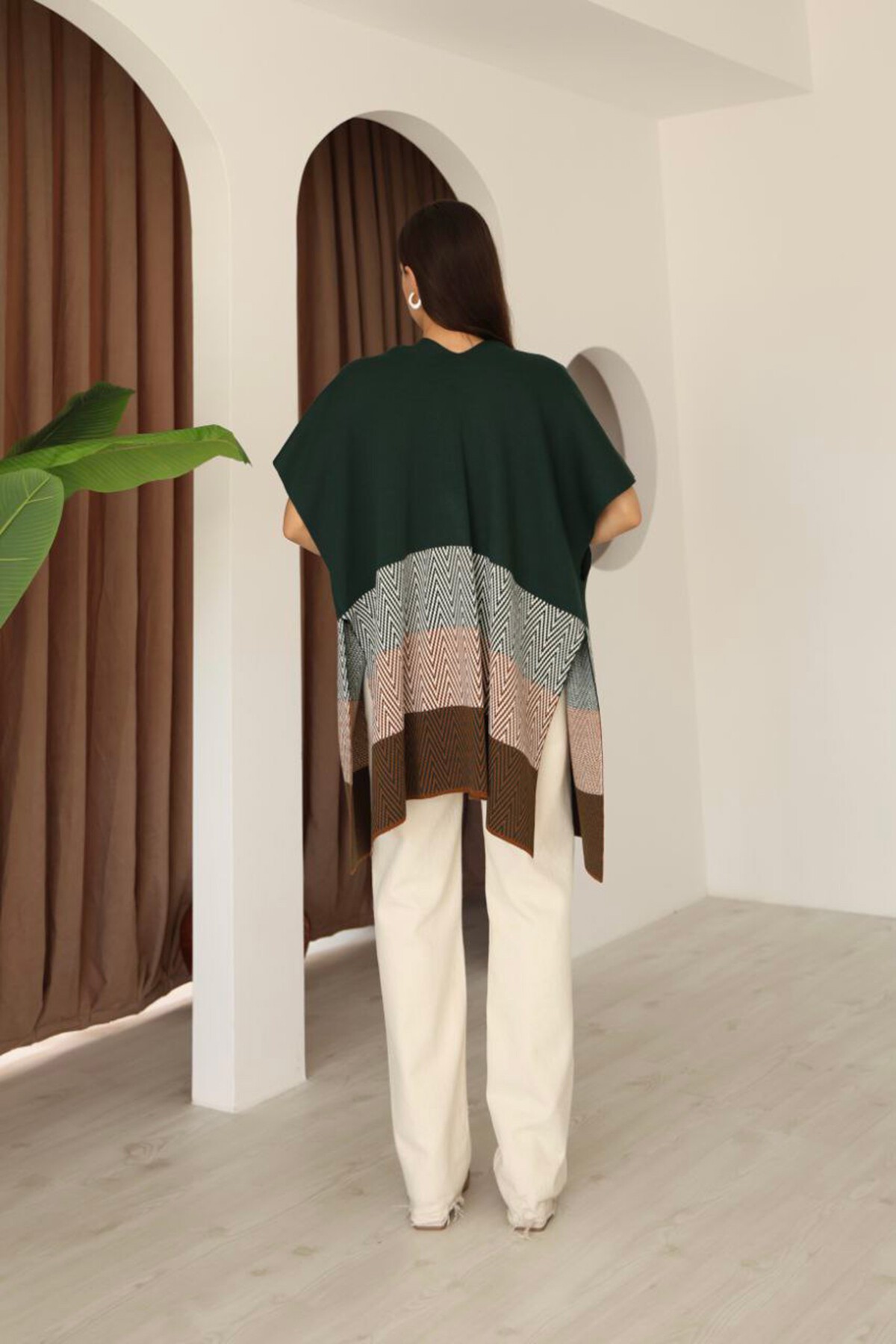 Zümrüt Yeşili Zigzag Desenli Renk Bloklu Geniş Kesim Hırka