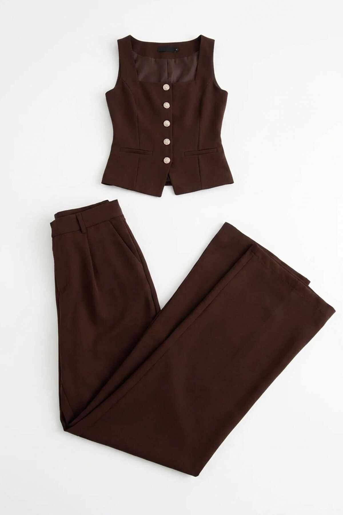 Acı Kahve Brit Detaylı Kare Yaka Crep Bluz Ve Pantolon Alt Üst Takım