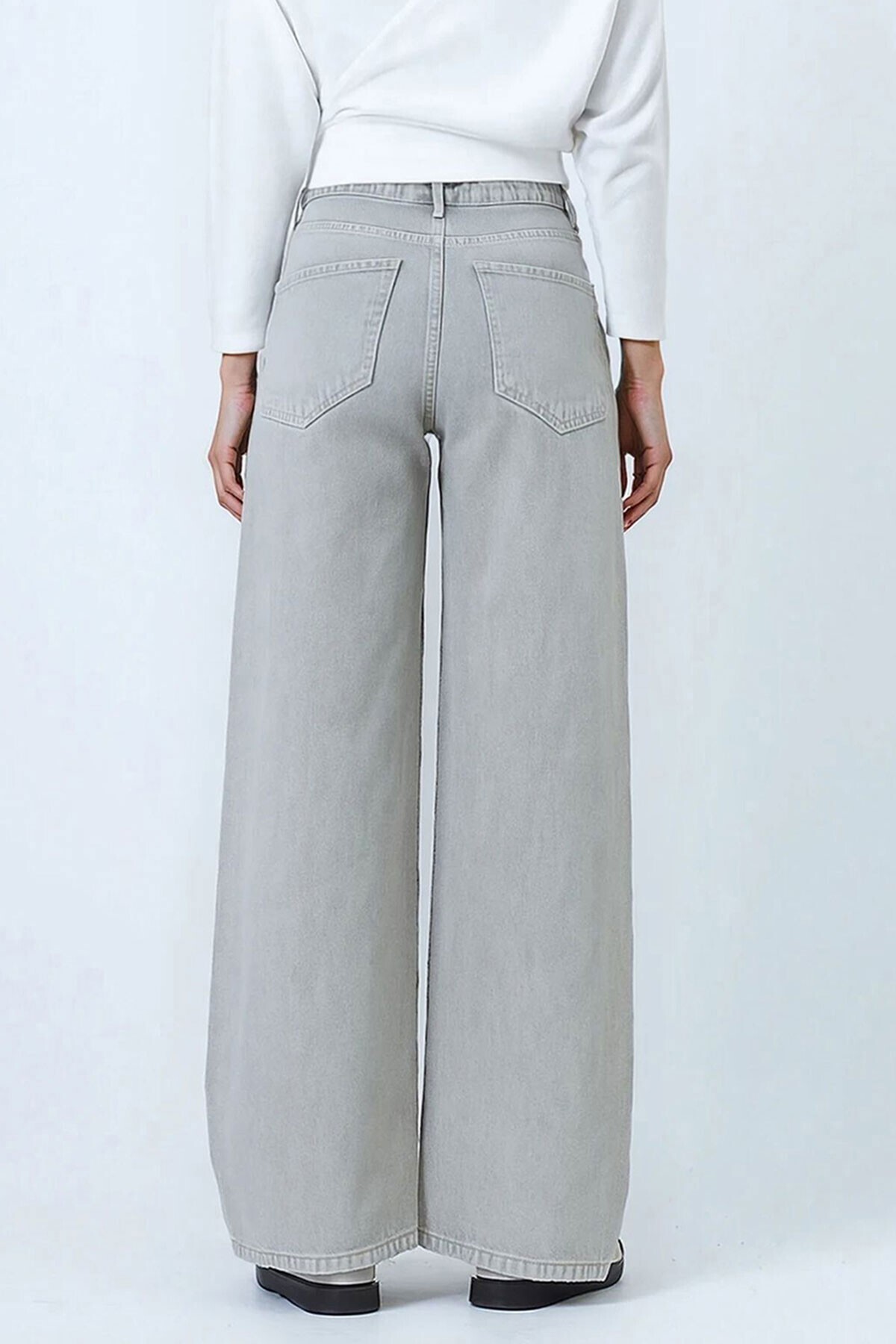 Açık Gri Yüksek Bel 5 Cepli Baggy Jean