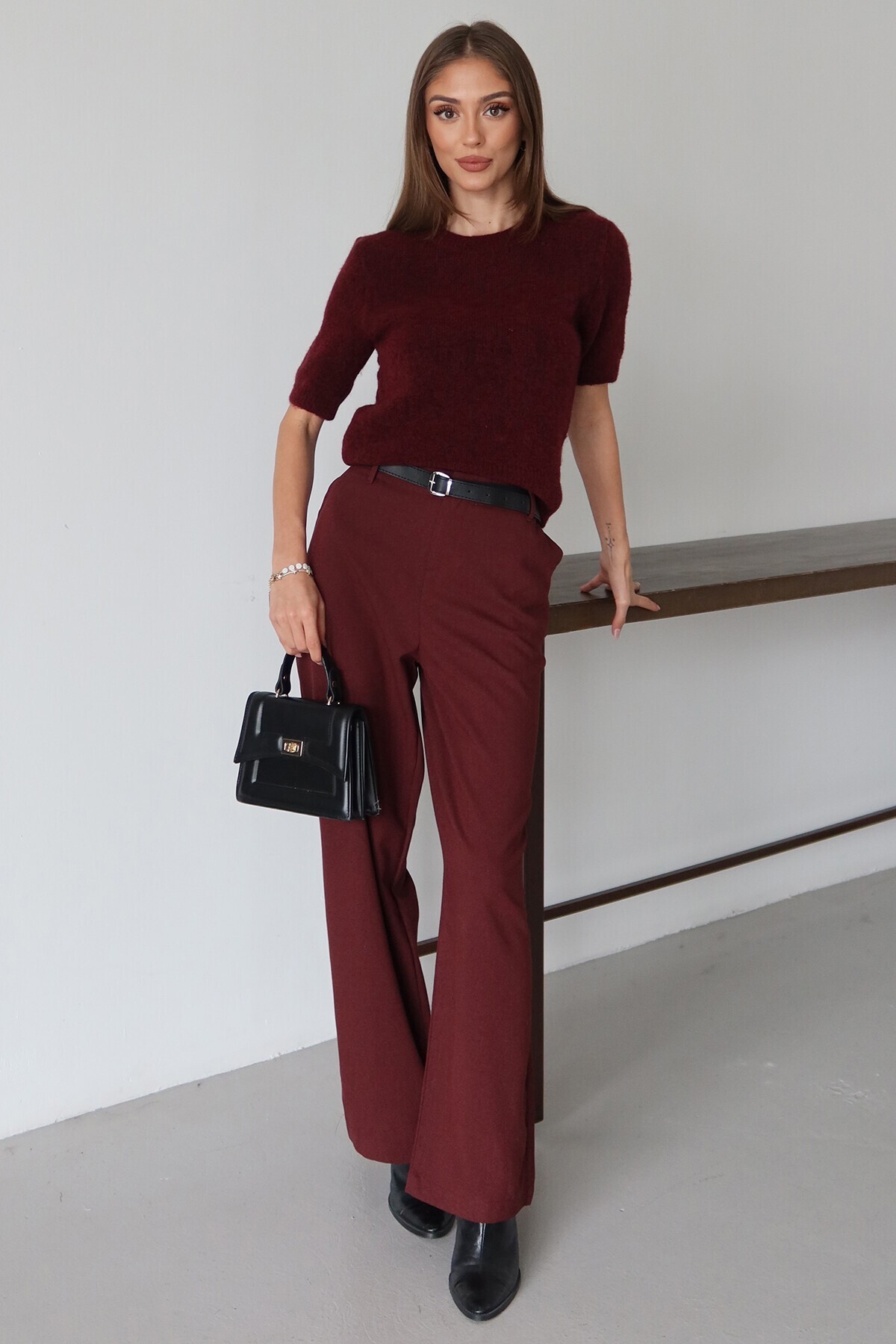Bordo Kemerli Çift Cepli Palazzo Pantolon