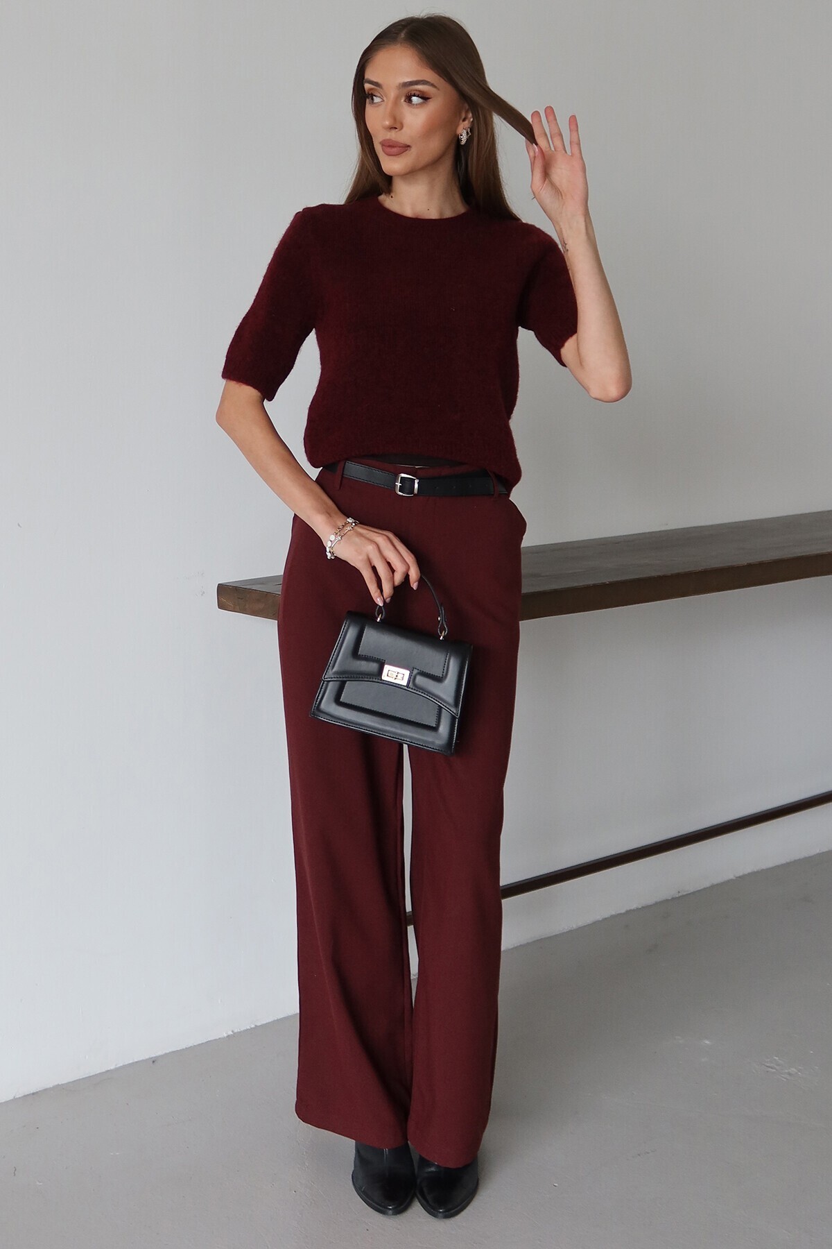 Bordo Kemerli Çift Cepli Palazzo Pantolon