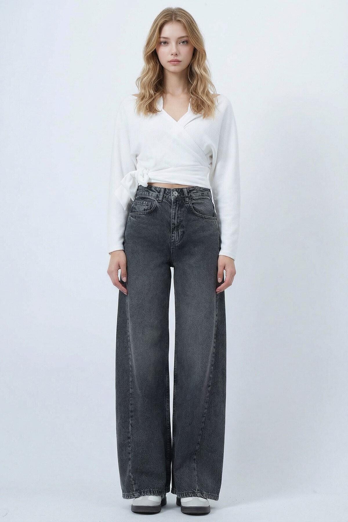 Gri Yüksek Bel 5 Cepli Baggy Jean