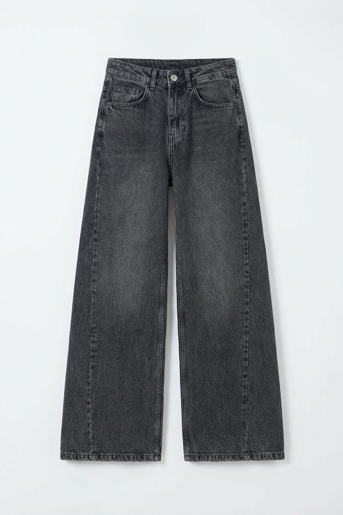 Gri Yüksek Bel 5 Cepli Baggy Jean