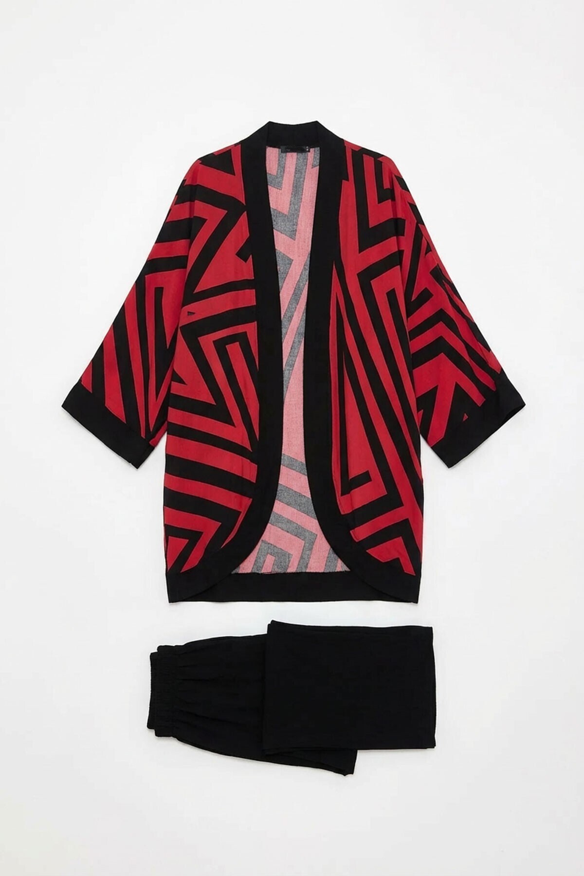 Kırmızı Baskılı Kimono Ve Pantolon Dokuma Viscon Alt Üst Takım