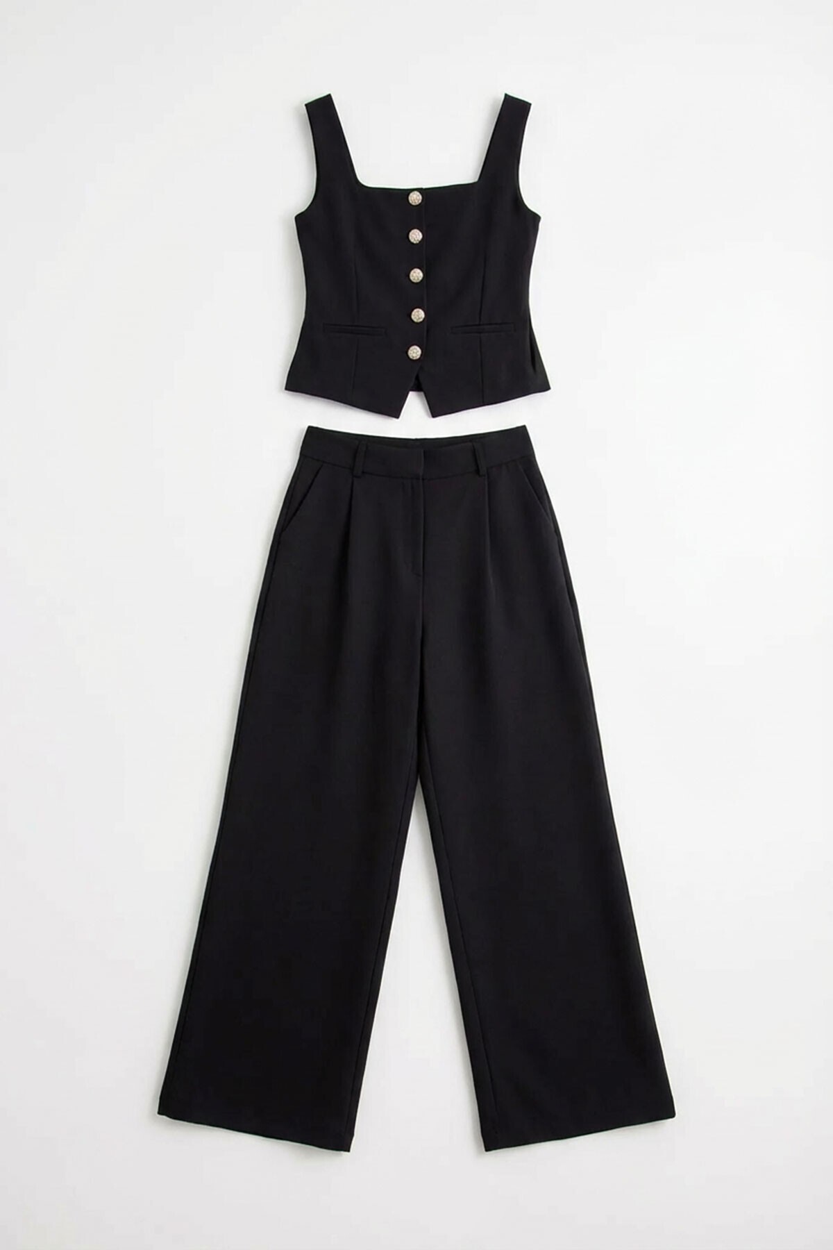 Siyah Brit Detaylı Kare Yaka Crep Bluz Ve Pantolon Alt Üst Takım
