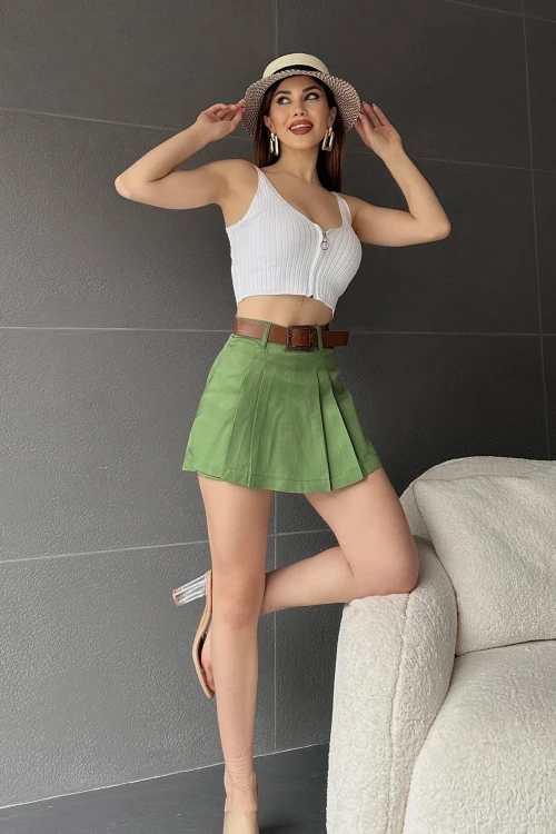 Açık Haki Kendinden Kemerli Pileli Şortlu Etek