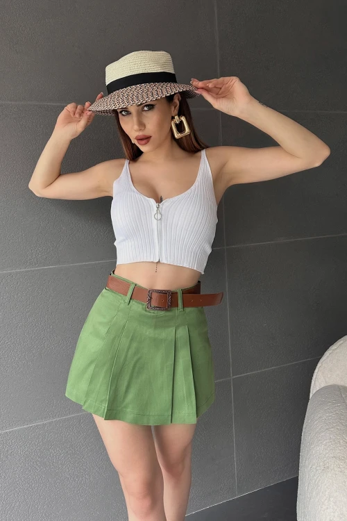 Açık Haki Kendinden Kemerli Pileli Şortlu Etek
