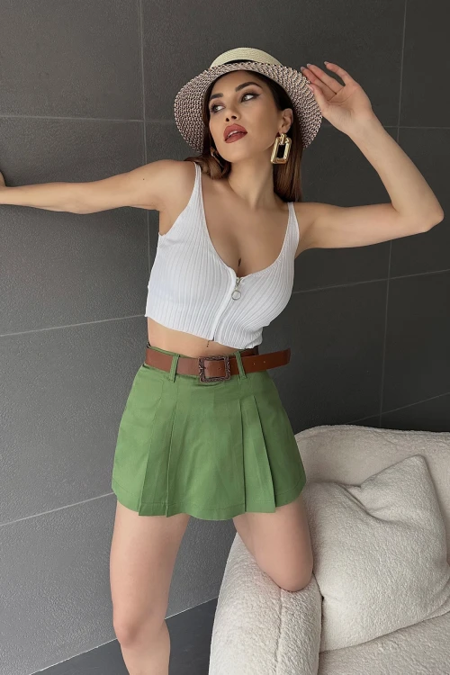 Açık Haki Kendinden Kemerli Pileli Şortlu Etek