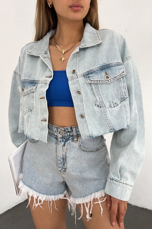Mavi Çift Cepli Lazer Kesim Yıkamalı Crop Denim Ceket BCDF-235408