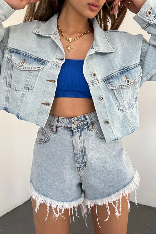 Mavi Çift Cepli Lazer Kesim Yıkamalı Crop Denim Ceket BCDF-235408