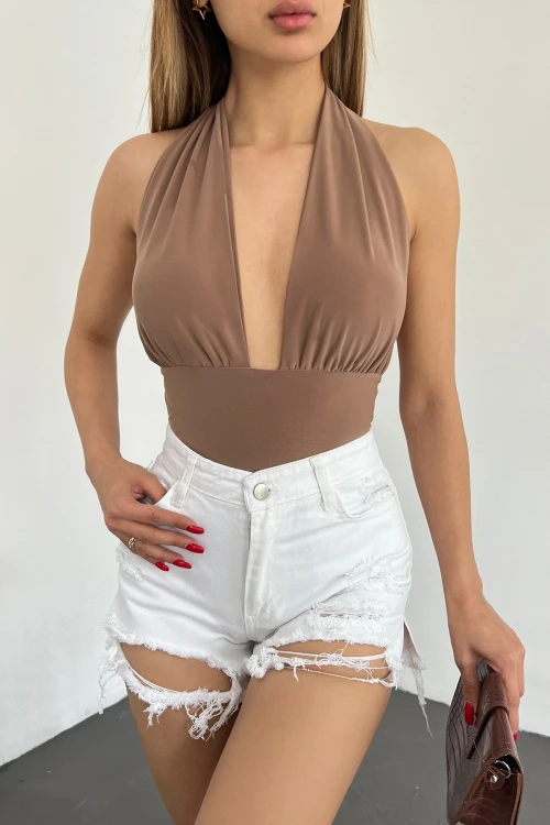 Beyaz Yıkamalı Lazer Yırtıklı Mini Denim Şort BCDF-233301