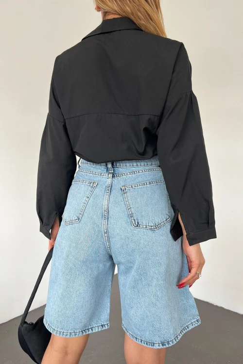 Buz Mavisi Çift Cepli Bermuda Denim Şort BCDF-233303