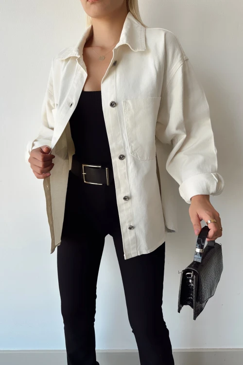 Ekru Çift Cepli Yıkamalı Denim Gömlek Ceket BCDF-235403