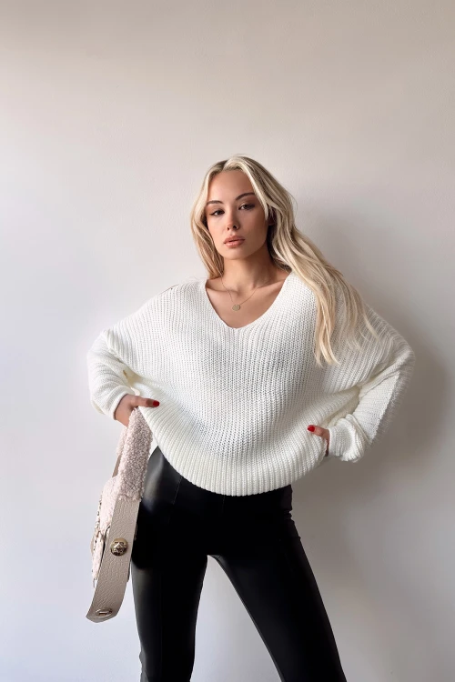 Ekru V Yaka Selanik Örgü Kışlık Kazak BC231019