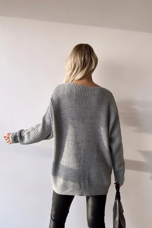 Gri V Yaka Selanik Örgü Kışlık Kazak BC231019