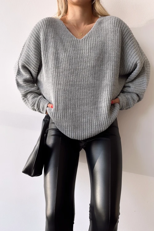 Gri V Yaka Selanik Örgü Kışlık Kazak BC231019