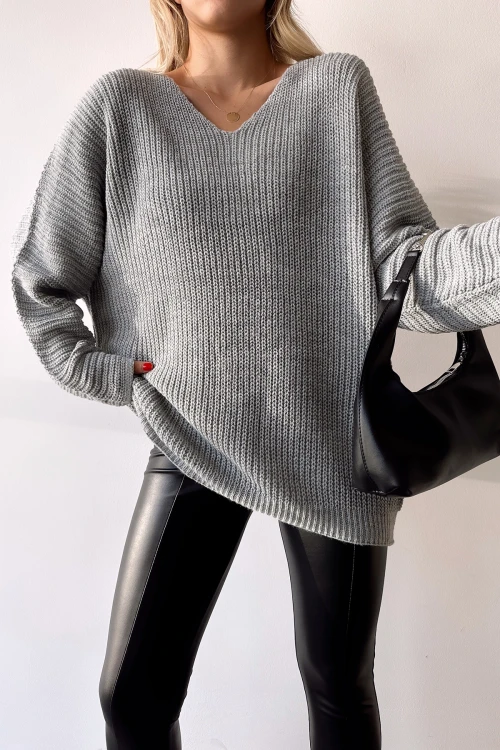 Gri V Yaka Selanik Örgü Kışlık Kazak BC231019