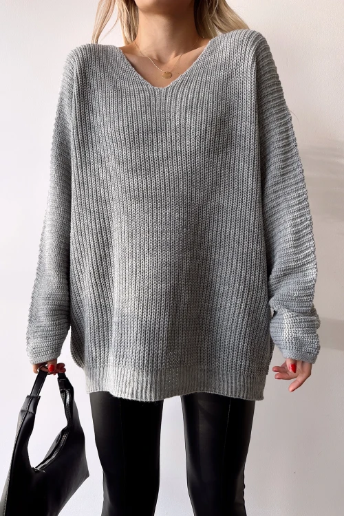 Gri V Yaka Selanik Örgü Kışlık Kazak BC231019