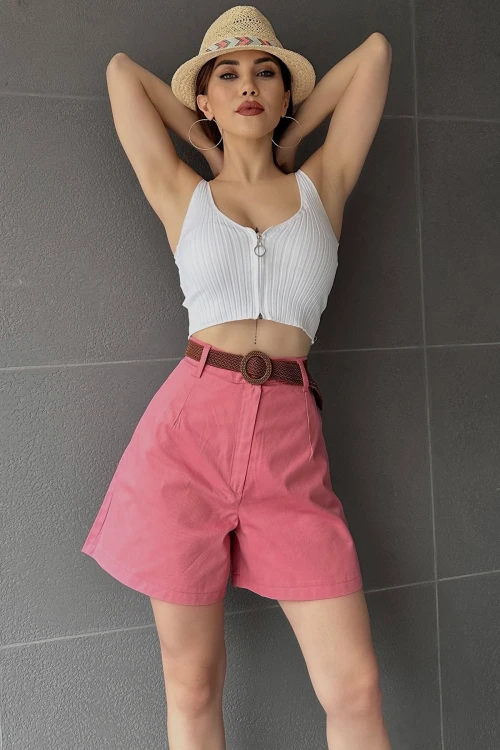 Gül Kurusu Beli Kemerli Geniş Paçalı Mom Şort