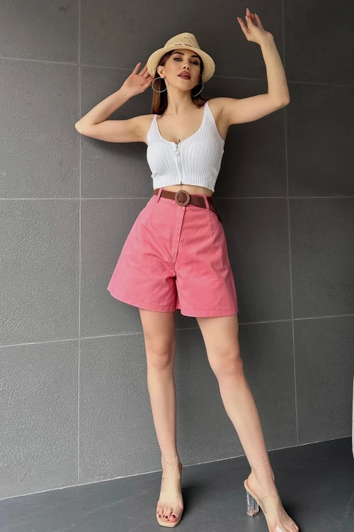 Gül Kurusu Beli Kemerli Geniş Paçalı Mom Şort