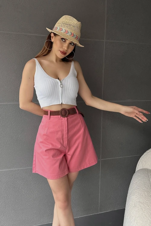 Gül Kurusu Beli Kemerli Geniş Paçalı Mom Şort