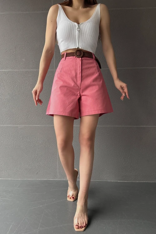 Gül Kurusu Beli Kemerli Geniş Paçalı Mom Şort