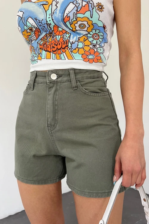 Haki Yıkamalı Mom Kalıp Denim Şort BCDF-233308