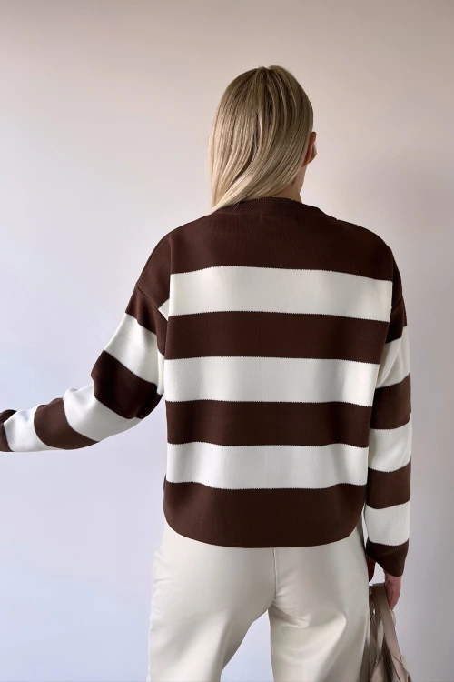 Kahverengi Bisiklet Yaka Çizgili Yumuşak Dokulu Basic Triko Kazak BC231035