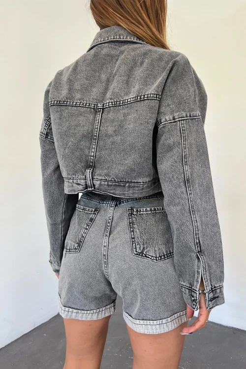 Koyu Antrasit Çift Cepli Fermuarlı Yıkamalı Crop Denim Ceket BCDF-235410