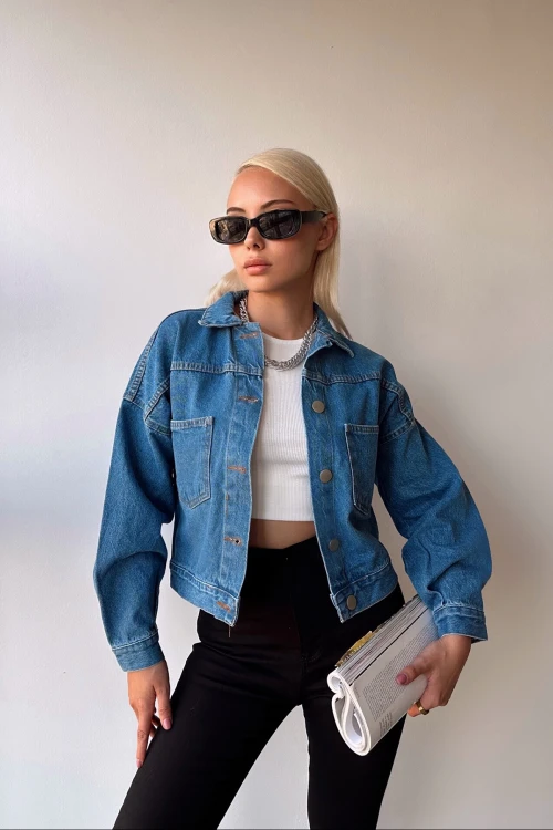 Mavi Çift Cepli Crop Yıkamalı Denim Ceket BCDF-235401