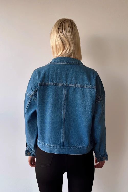 Mavi Çift Cepli Crop Yıkamalı Denim Ceket BCDF-235401