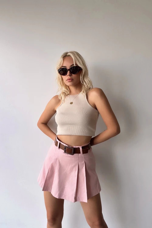 Pudra Kendinden Kemerli Pileli Şortlu Etek BCDF-237707