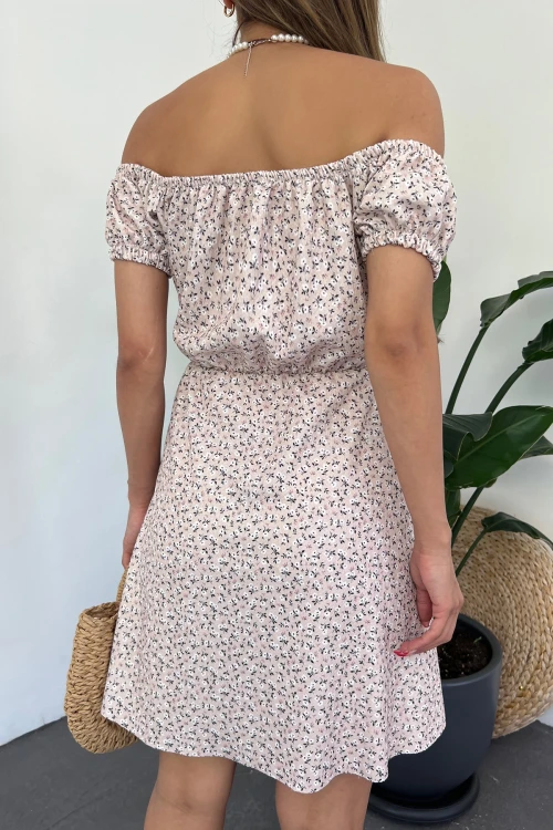 Pudra Madonna Yaka Çiçek Desenli Krinkıl Elbise