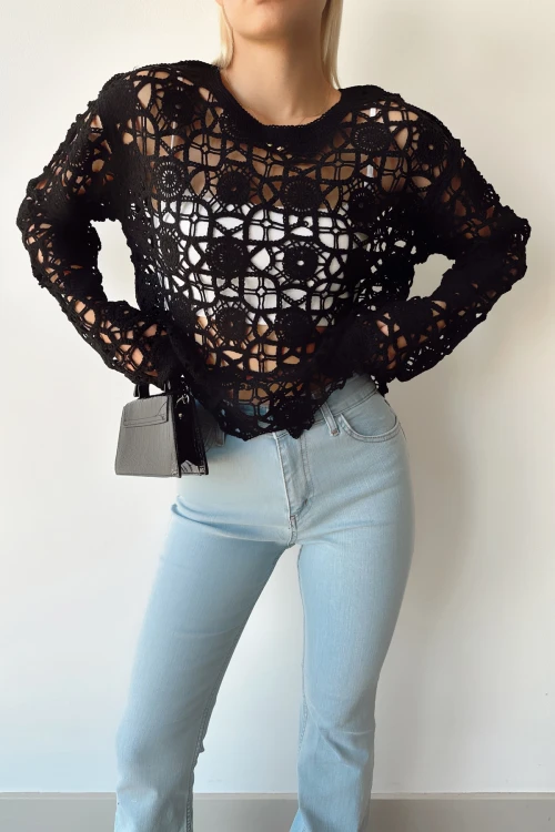Siyah Bisiklet Yaka Tığ Işi Dantel Bluz BCEQ-239009