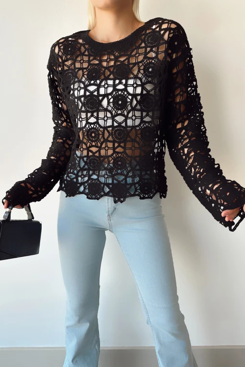 Siyah Bisiklet Yaka Tığ Işi Dantel Bluz BCEQ-239009