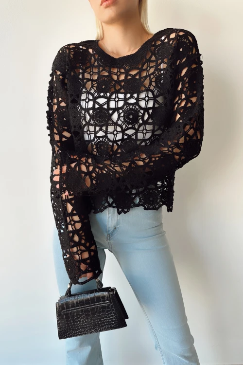 Siyah Bisiklet Yaka Tığ Işi Dantel Bluz BCEQ-239009