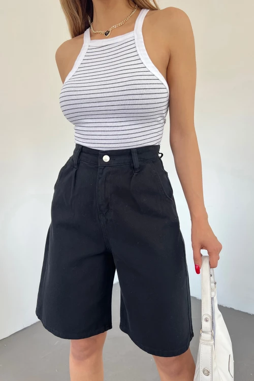 Siyah Çift Cepli Bermuda Denim Şort BCDF-233303