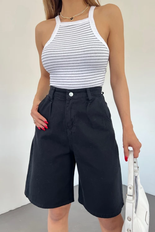 Siyah Çift Cepli Bermuda Denim Şort BCDF-233303