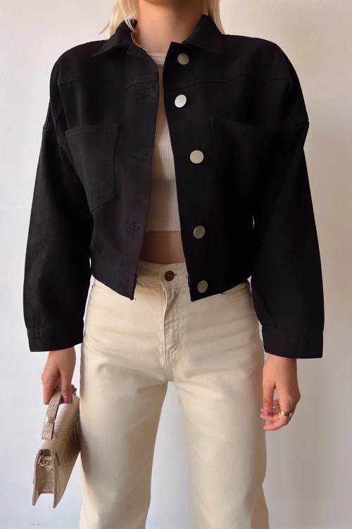 Siyah Çift Cepli Crop Yıkamalı Denim Ceket