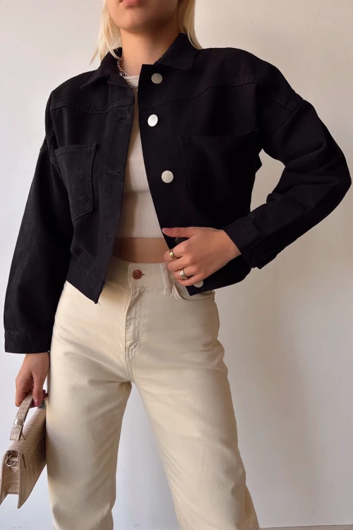 Siyah Çift Cepli Crop Yıkamalı Denim Ceket